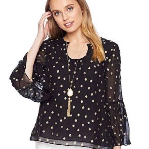 Lilly Pulitzer Amory Top Silk Onyx Black and Gold Bell Sleeves Large - Picture 2 of 8